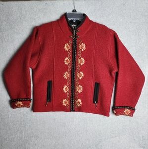 Icelandic design vintage wool red zip embroidered jacket size M no flaws